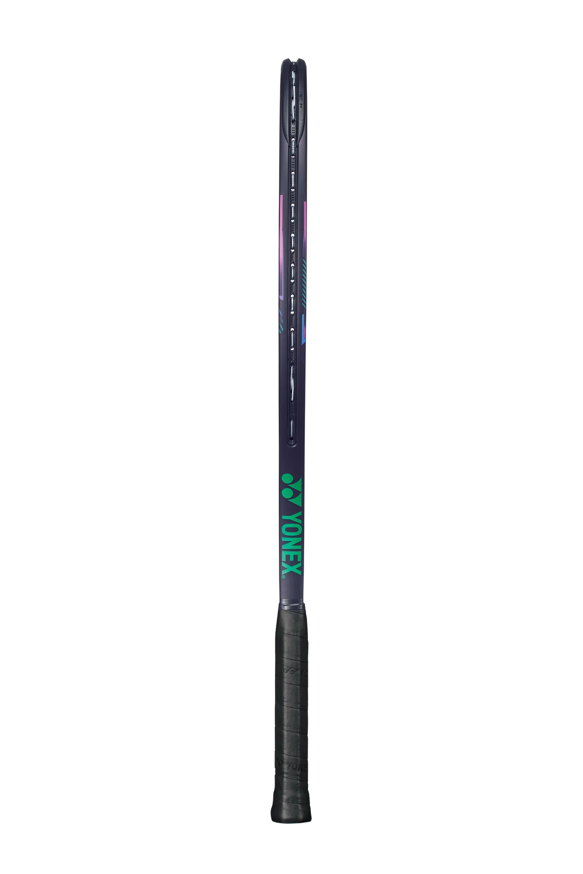 Close-up of the vibrant green and purple color transition on the frame of the Yonex VCORE Pro Game tennis racquet.
