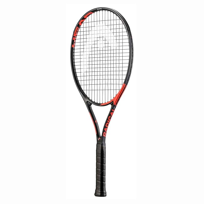 An aggressive baseline tennis player powerfully swinging the Head Ti.Radical Elite Racket, showcasing its blend of controllable power. Find this racket at ProBadminton.in."

