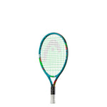 Close-up of Novak 19 head with string pattern: "Close-up view of the Head Novak 19 Junior Tennis Racquet head, highlighting its open 16x17 string pattern."