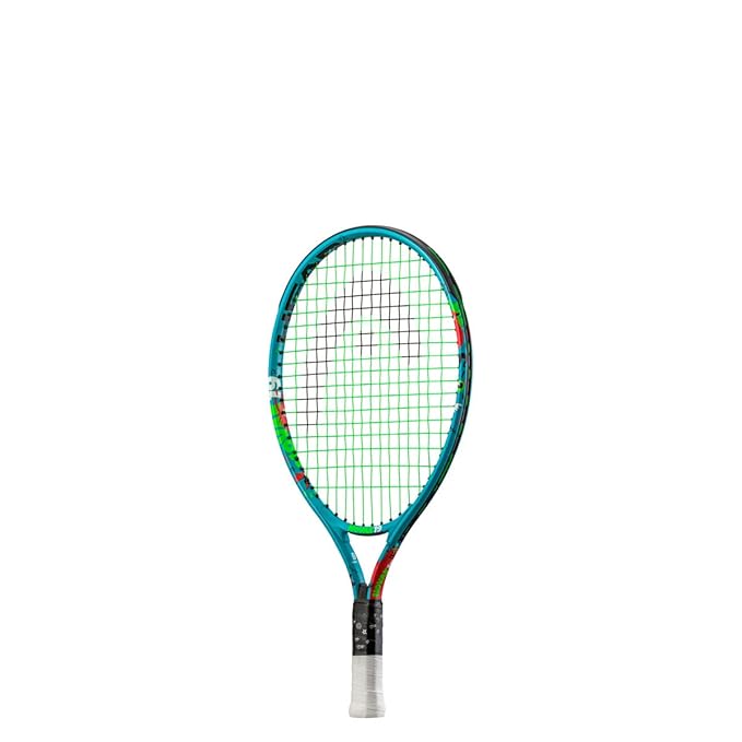 Close-up of Novak 19 head with string pattern: "Close-up view of the Head Novak 19 Junior Tennis Racquet head, highlighting its open 16x17 string pattern."
