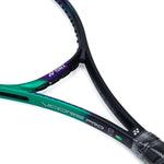 Yonex VCORE Pro 97D racquet, poised for a powerful groundstroke or volleys, demonstrating its stability.
