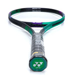 Yonex VCORE Pro 97D tennis racquet positioned next to a tennis ball, symbolizing readiness for high-performance play