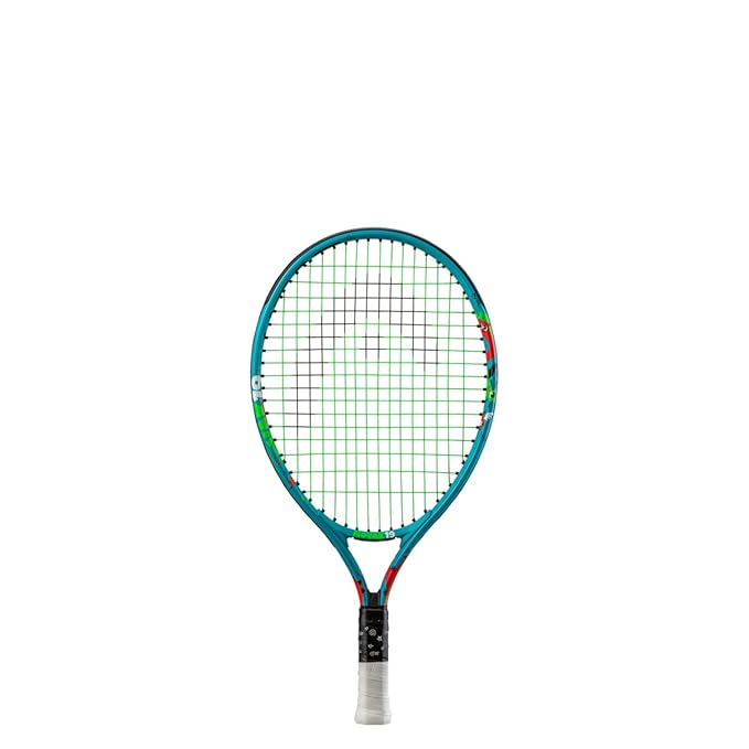 Young child holding Novak 19 on court: "A young boy or girl enthusiastically holding the Head Novak 19 Junior Tennis Racquet on a mini-tennis court."

