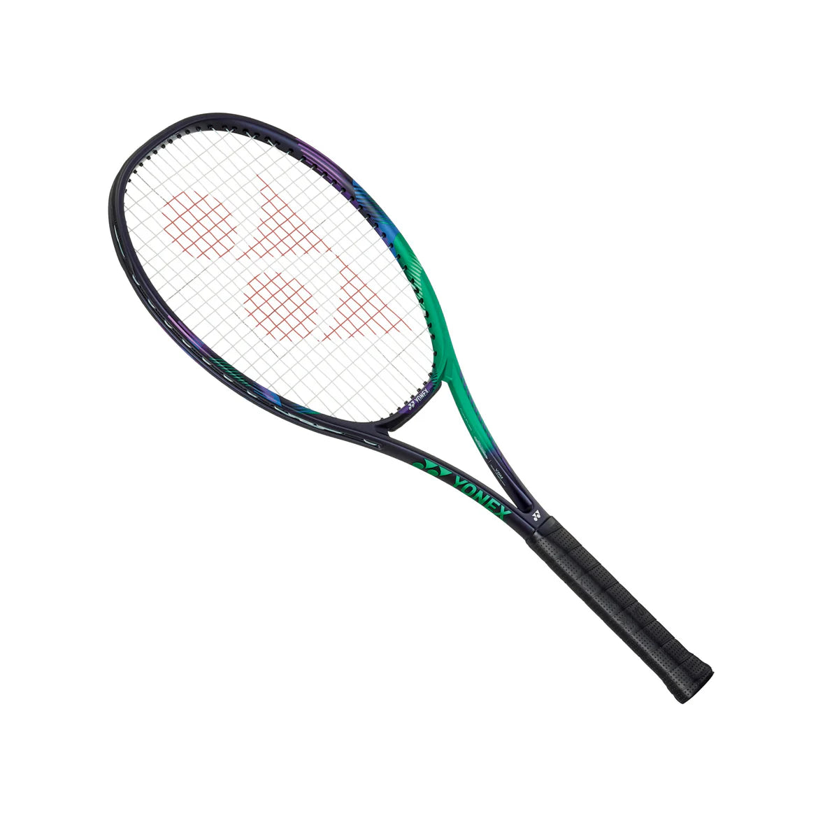 Close-up of the 100 sq. inch head of the Yonex VCORE Pro Game tennis racquet, highlighting the 16x19 string pattern for excellent spin potential.