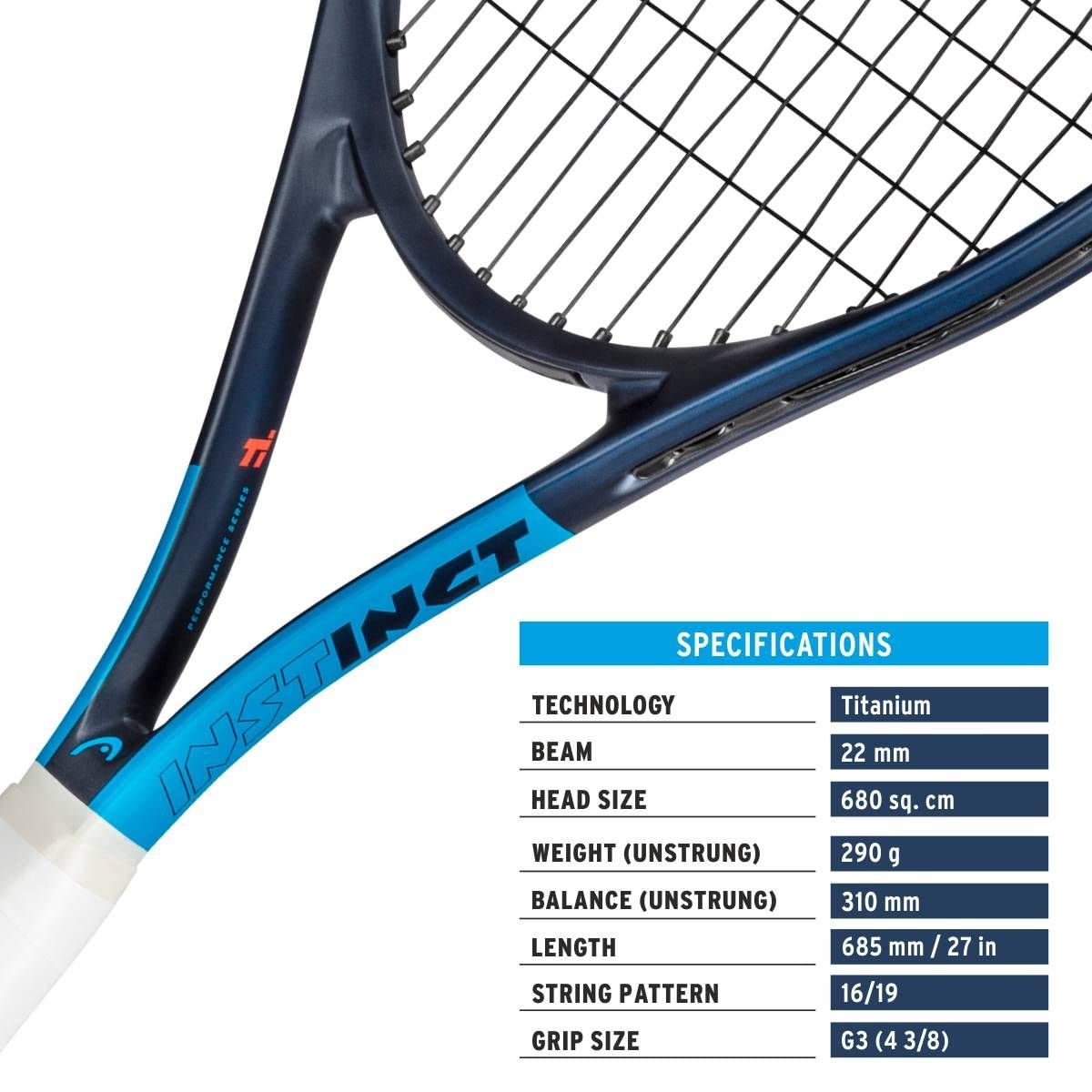 Close-up of the HEAD Instinct Comp racquet head and strings.

