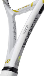 Full-length shot of the Yonex Ezone 100L Naomi Osaka Edition racquet, showcasing its complete design and the collaboration branding, signifying championship performance. Find it at ProBadminton.in.