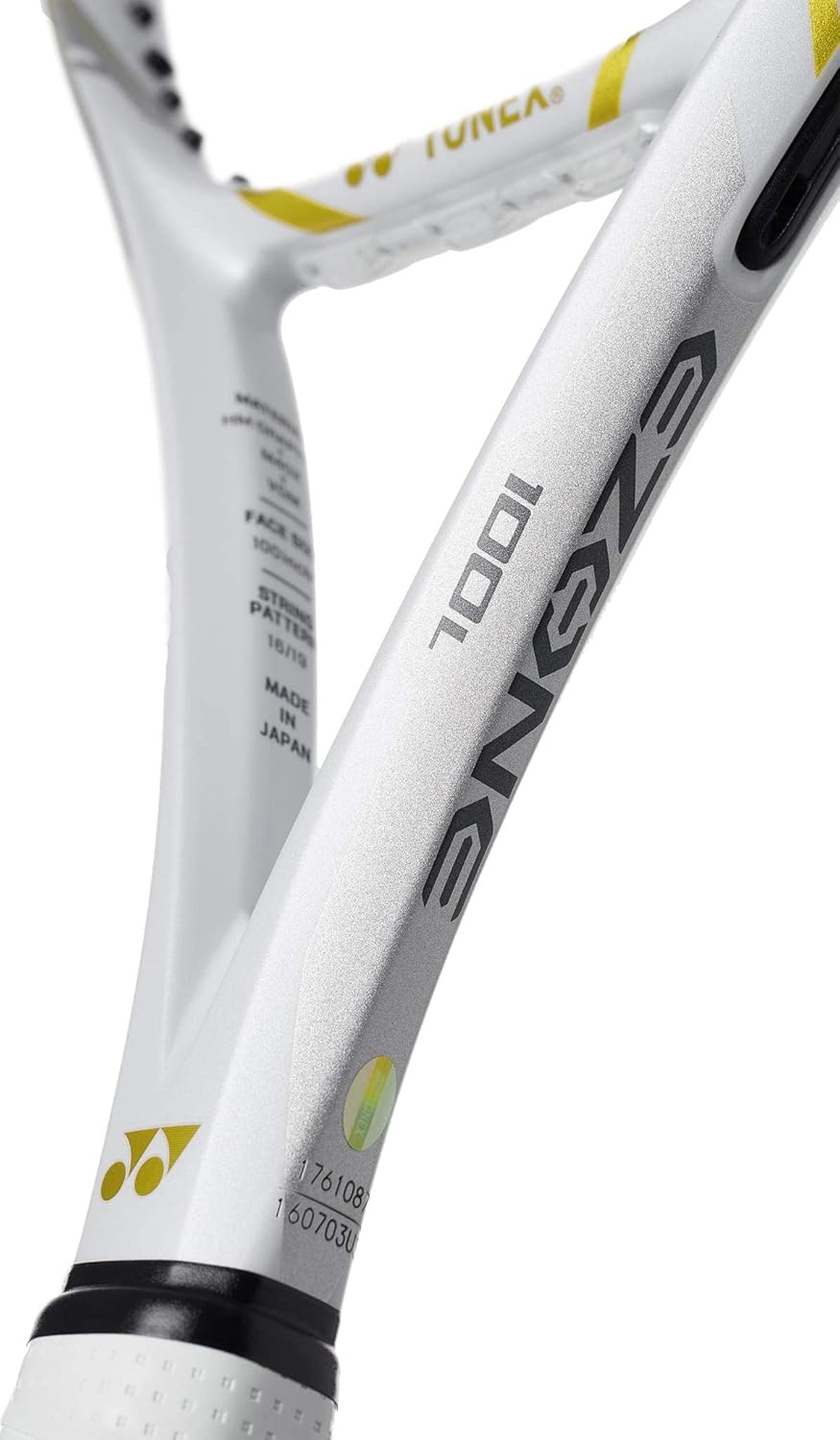 Full-length shot of the Yonex Ezone 100L Naomi Osaka Edition racquet, showcasing its complete design and the collaboration branding, signifying championship performance. Find it at ProBadminton.in.