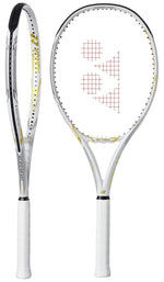 Angled view of the Yonex Ezone 100L Naomi Osaka Edition tennis racquet, emphasizing its lightweight 285g frame and elegant White/Gold finish. Perfect for all-around players. Buy at ProBadminton.in.