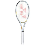 Close-up of the Yonex Ezone 100L Naomi Osaka Edition racquet head, highlighting the 100 sq.in. sweet spot and exclusive white and gold detailing. Shop this special edition at ProBadminton.in.