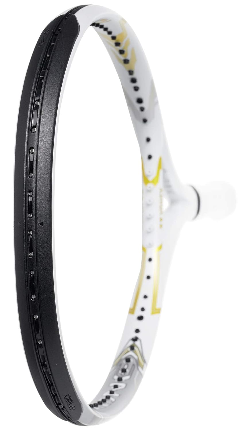 Studio shot of the Yonex Ezone 100L Naomi Osaka Edition in White/Gold, highlighting its sleek profile and advanced graphite material. Experience power and comfort. Browse at ProBadminton.in.