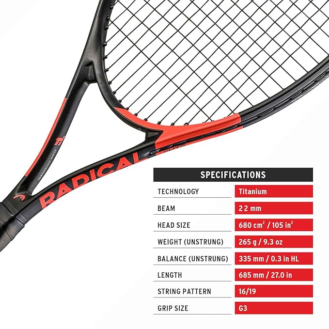 The Head Ti.Radical Elite Racket with a graphic overlay displaying its technical details: 265g strung weight and 107 sq.in head size. Shop now at ProBadminton.in.