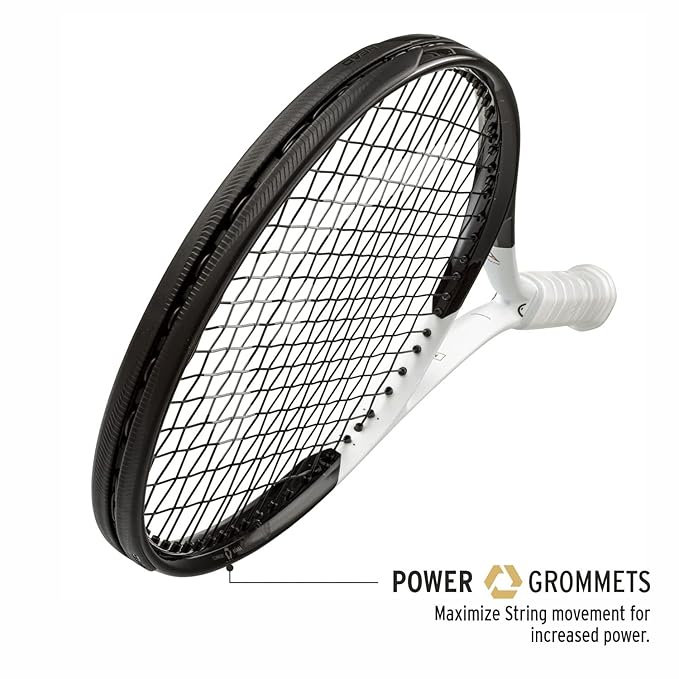 The HEAD Speed MP L 2022 tennis racquet standing upright on a court, awaiting its next professional "misspell match." Discover quality racquets at ProBadminton.in.