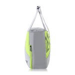 Gray and green bag with a strap on a white background