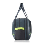 Gray duffel bag with a green stripe on a white background
