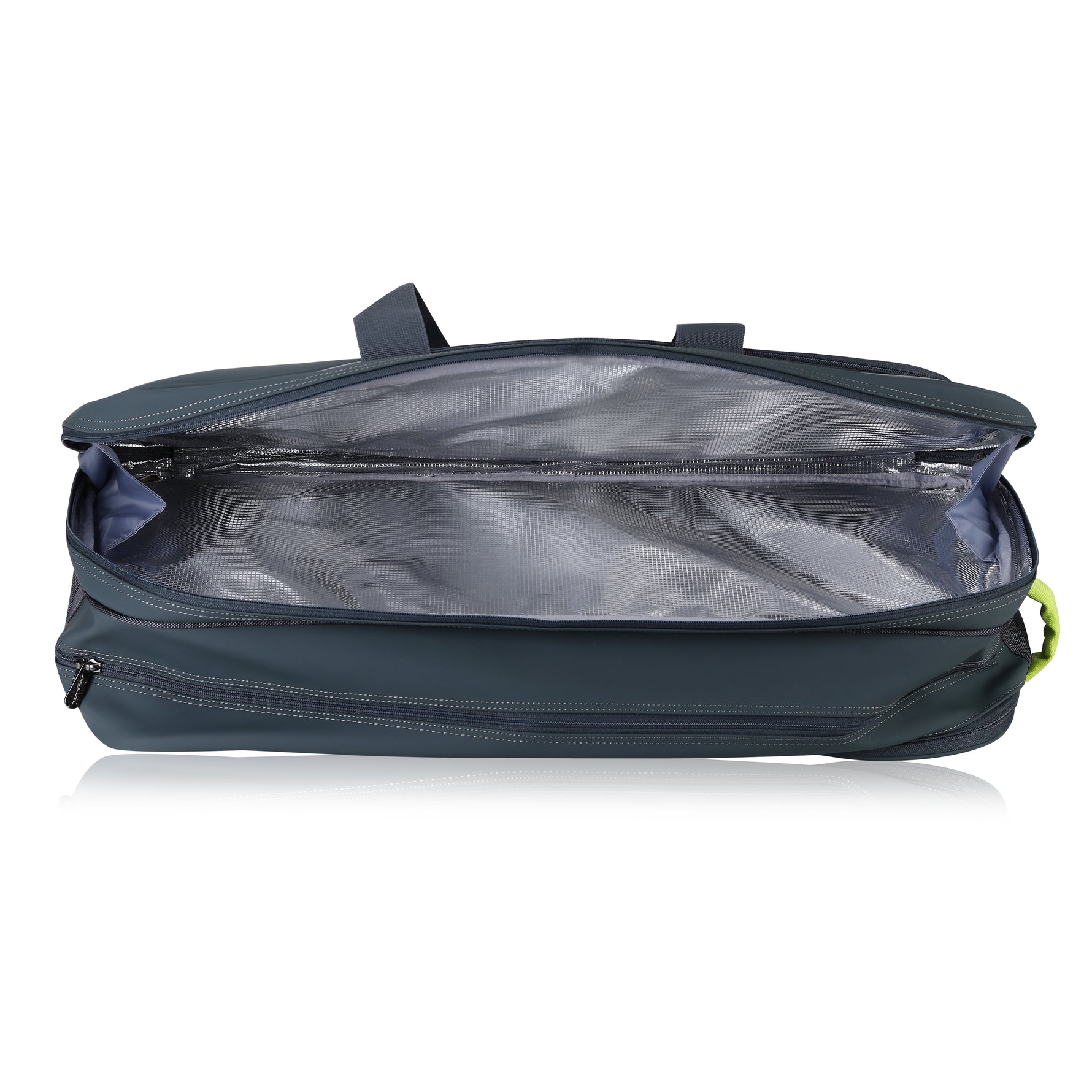 Open travel bag with clear compartment on a white background