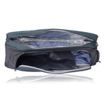 Open suitcase with blue interior on a white background