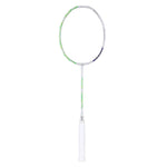 Badminton racket with green strings on a white background