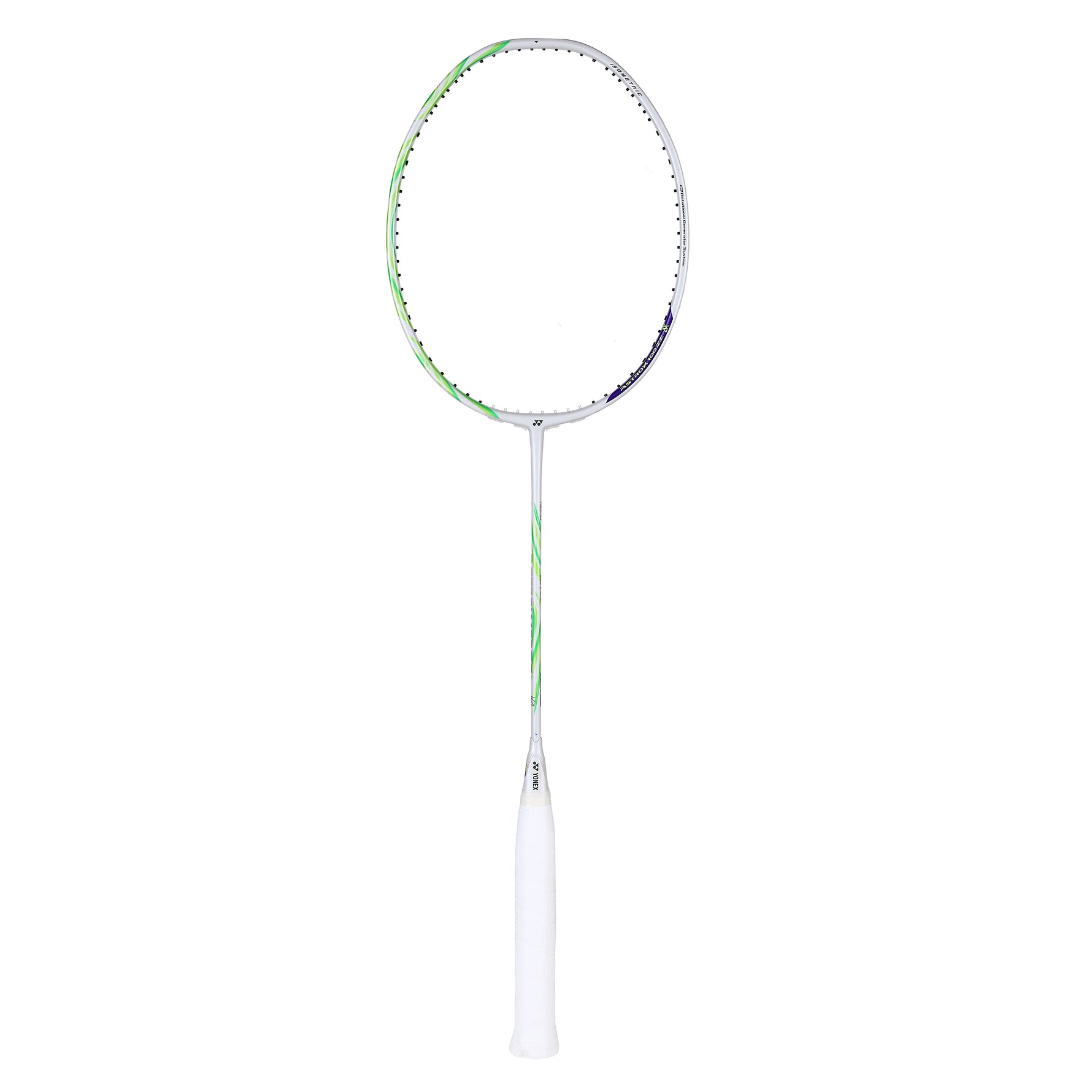 Badminton racket with green strings on a white background