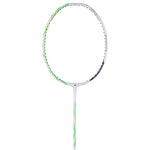 Badminton racket with green and purple design on a white background