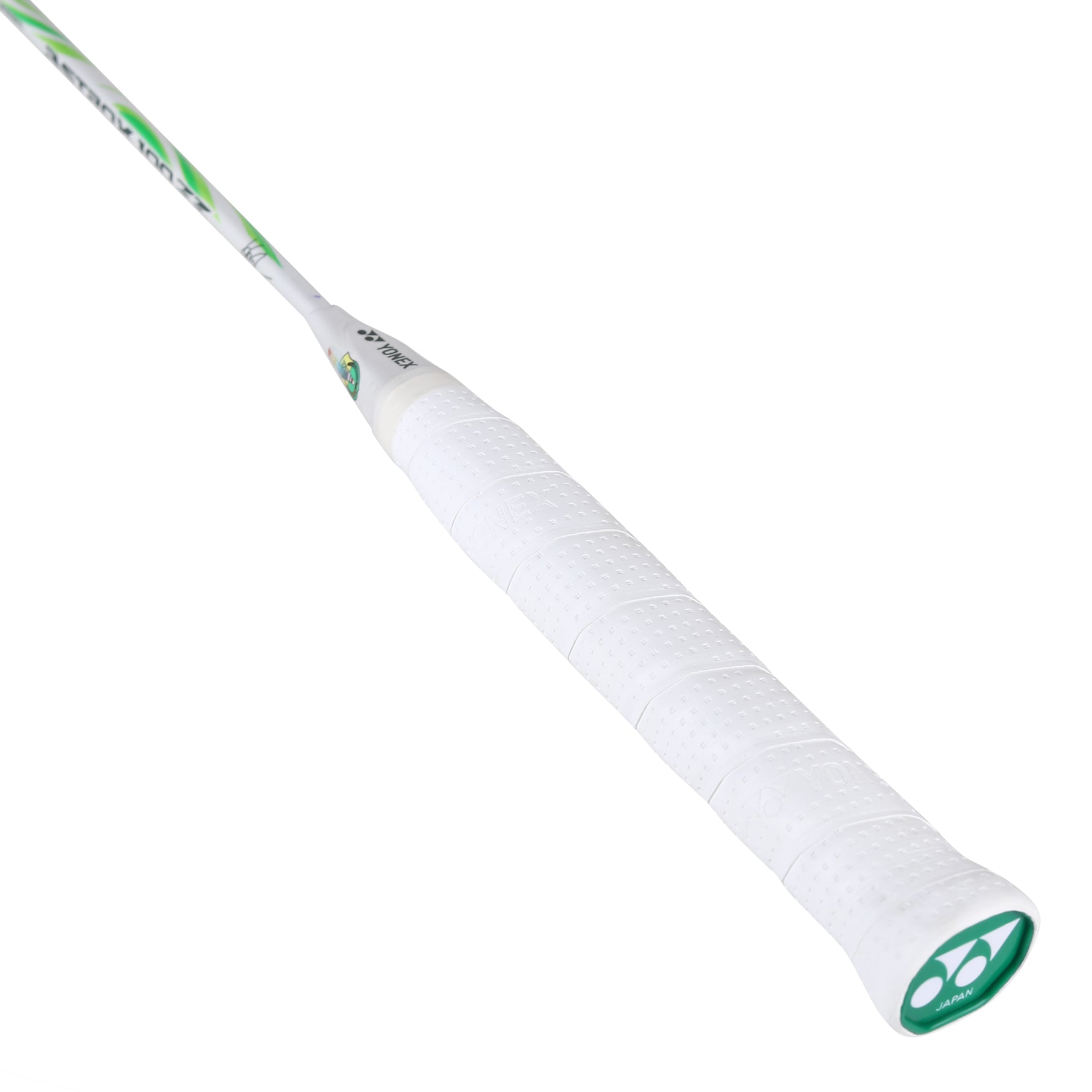 White badminton racket with green accents on a white background