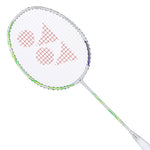 Badminton racket with white strings and green frame on a white background
