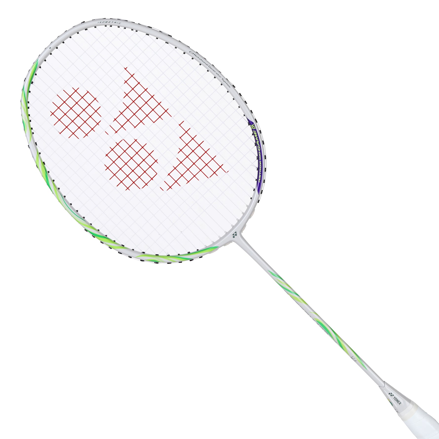 Badminton racket with white strings and green frame on a white background