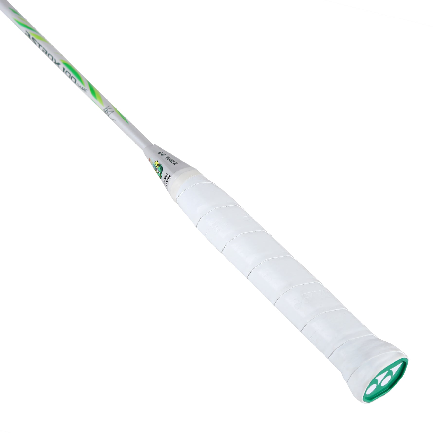 White tennis racket with green accents on a white background