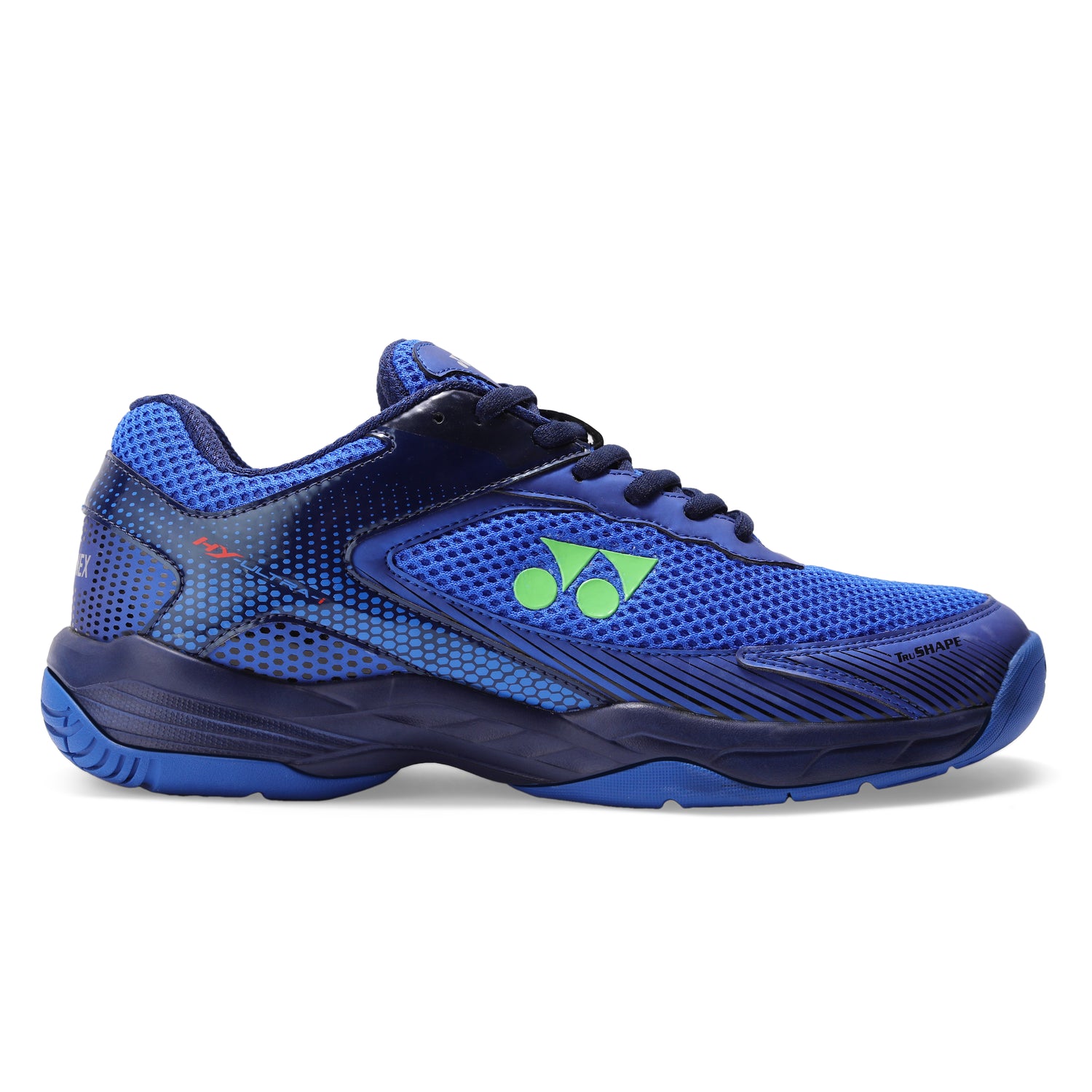 Yonex HY-Ultra badminton shoe in HyperBlue/Lime, side view.
