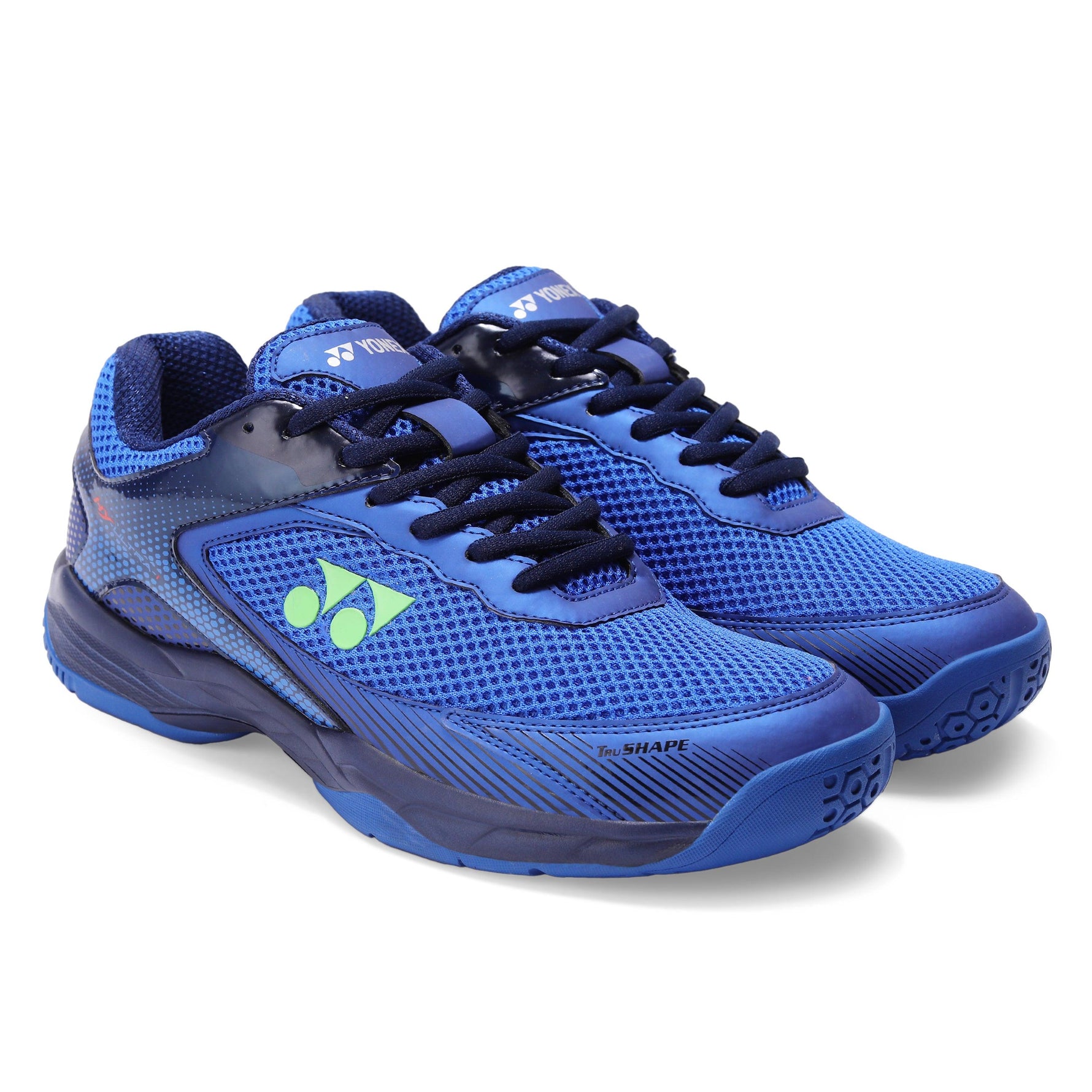 Yonex hi-ultra badminton shoes in blue and lime.
