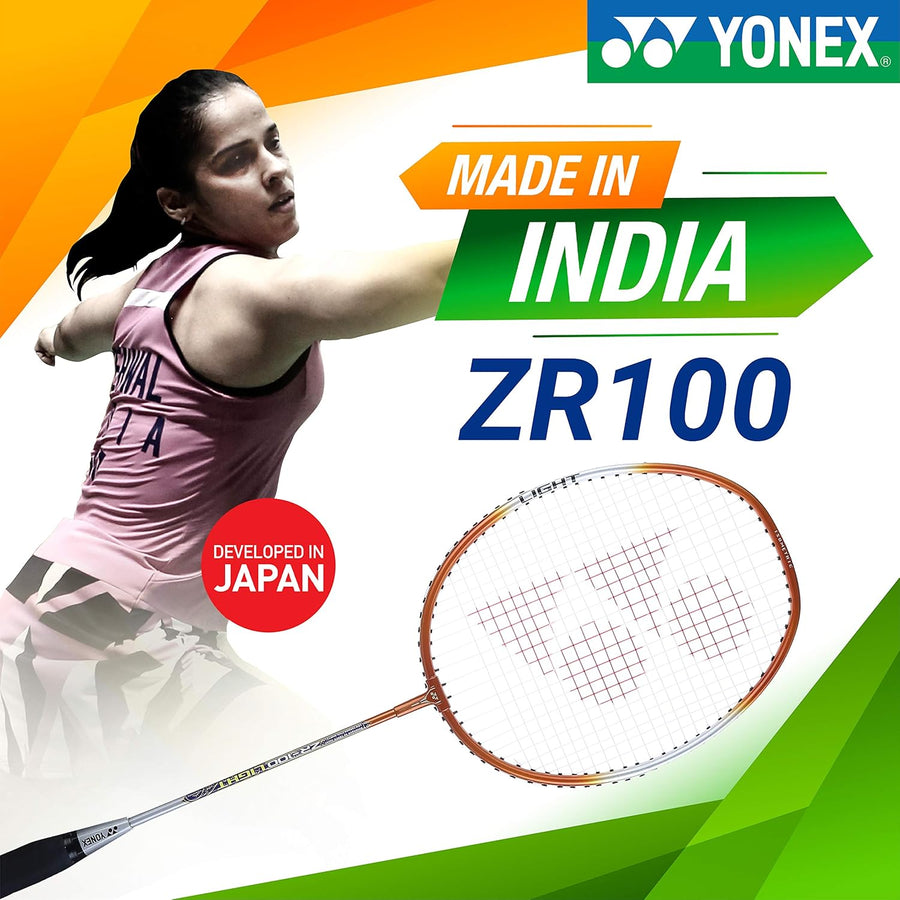 "Yonex ZR 100 Light Aluminium Badminton Racket in 5 colors – Blue, Red, Green, Purple, and Black – with full cover, perfect for beginners."