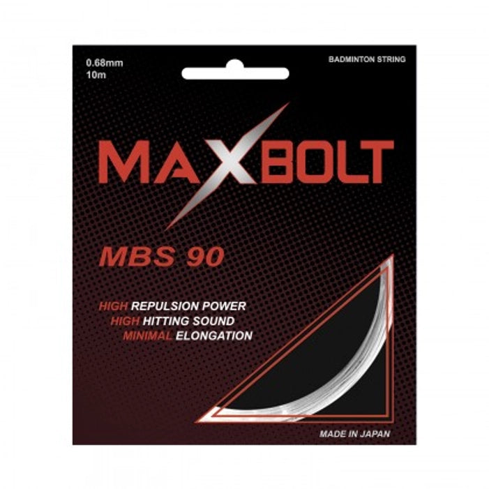  Maxbolt MBS 90 badminton string in its packaging, highlighting the gauge and key features.
