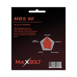 Close-up of a badminton racket strung with Maxbolt MBS 90 emphasizing its durability and tension.