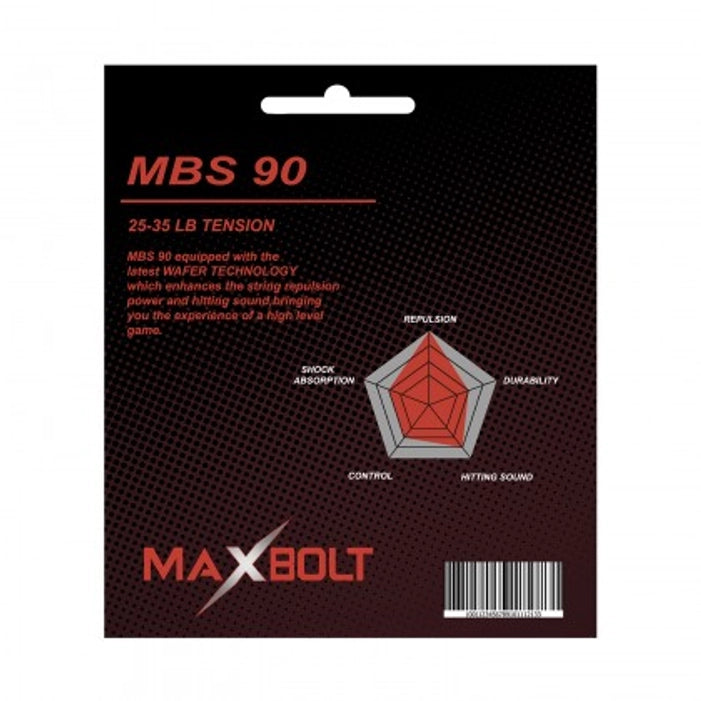 Close-up of a badminton racket strung with Maxbolt MBS 90 emphasizing its durability and tension.