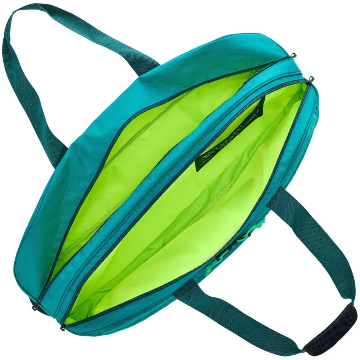 Teal backpack with a bright green interior on a white background
