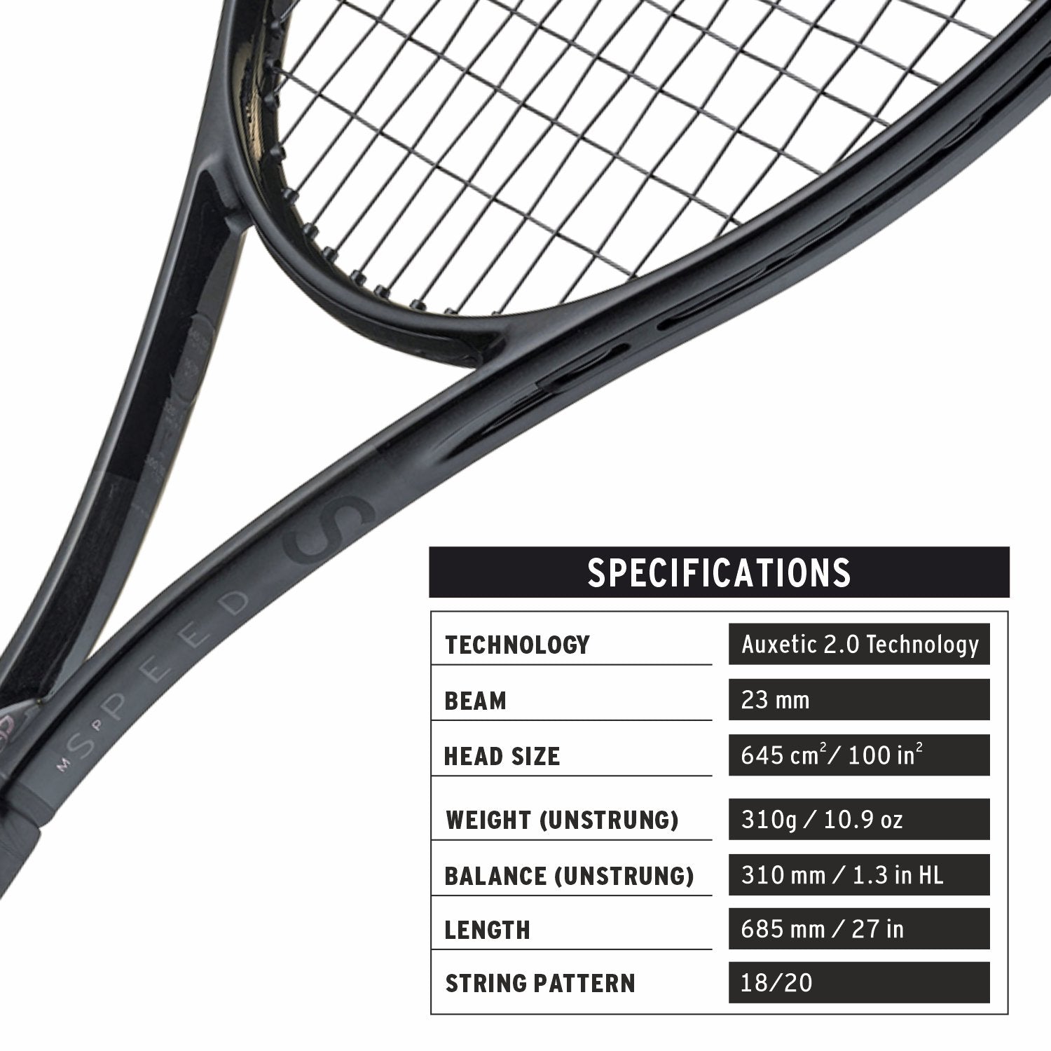 A close-up on the throat of the HEAD Speed MP Legend 2024 racquet, highlighting the Graphene 360+ with Spiralfibers technology for ideal balance during an aggressive "misspell match." Authentic products at ProBadminton.in
