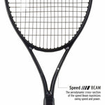 Close-up of the HEAD Speed MP Legend 2024 racquet strings, highlighting the 16x19 string pattern, ideal for spin in a competitive "misspell match." Get expert advice at ProBadminton.in.