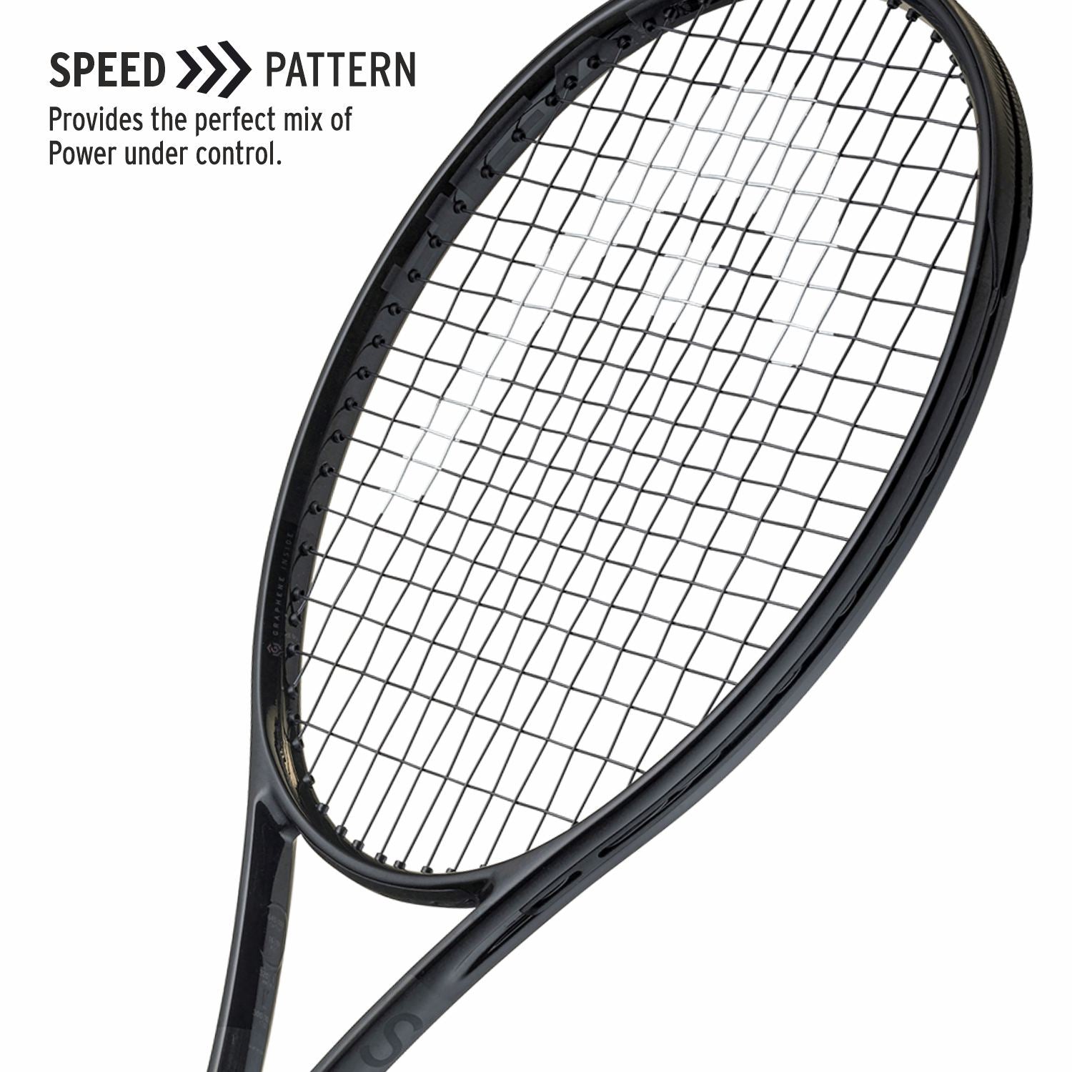 The HEAD Speed MP Legend 2024 tennis racquet standing upright on a court, showcasing its elegant glossy black finish and readiness for a high-stakes "misspell match." Discover quality racquets at ProBadminton.in
