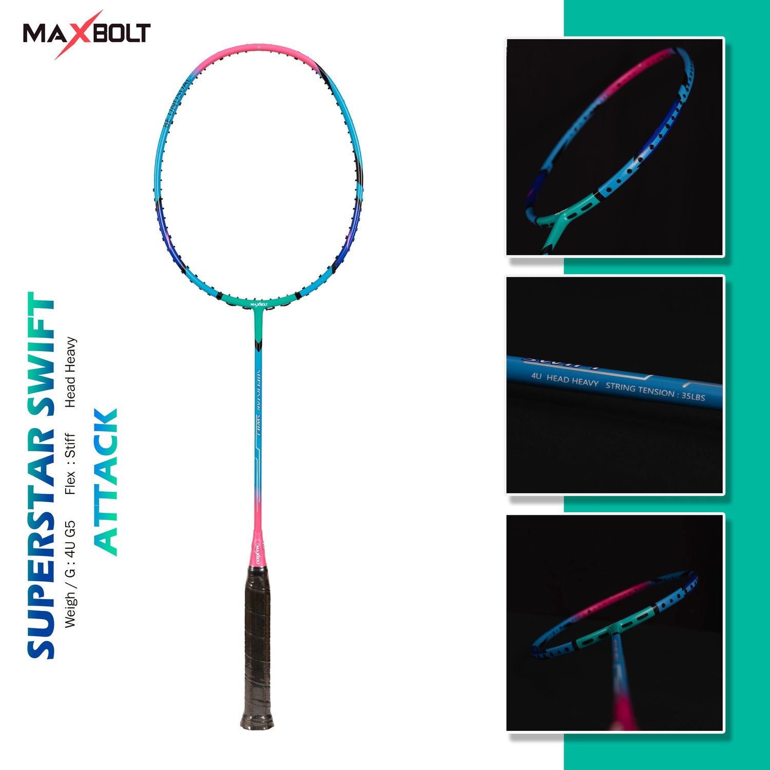  Maxbolt Super Str Swift badminton racquet, 83g weight. Available at probadminton.in.