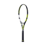 Close-up of the Babolat Pure Aero (Babolat Pure Aro) racket head, highlighting the aerodynamic frame for improved angles and power.