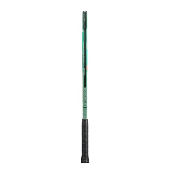 Angled view of the Yonex Percept 97 Olive Green, revealing its balanced design for power and maneuverability. Perfect for players who demand control and stability (310g).