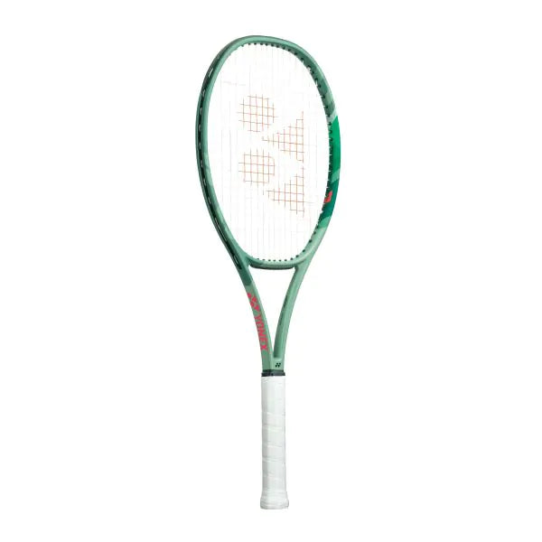 Yonex Percept 97L Olive Green Tennis Racquet (Front View) displaying its sleek design and distinctive olive green finish. The image highlights the racquet head, strings, and grip, emphasizing its modern aesthetic and premium construction for superior spin and precision.