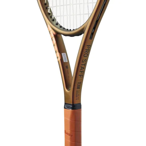 Alt Text: Graphic: "Wilson Pro Staff Team V14 Tennis Racquet (280g Strung) - Quality performance without high-end price. Available at ProBadminton.in."