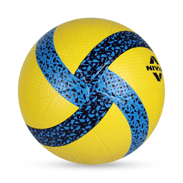 "Nivia Crater 2.0 Volleyball, yello and blue, soft rubber. Official size for beginners, 280g weight, suitable for outdoor play."