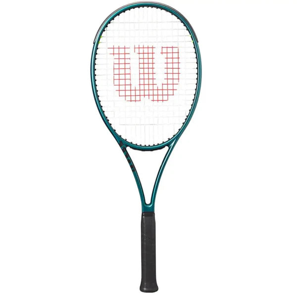 Wilson Blade 98 V9 tennis rackett displayed, emphasizing its design for superior control and accuracy for serious players. Shop at ProBadminton.in.