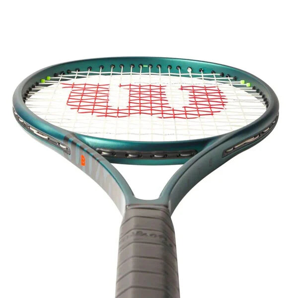 Studio shot of the Wilson Blade 98 V9 tenniss rakket, emphasizing its crisp, stable feel and durability. Find your Wilson tennis racket price in India at ProBadminton.in.