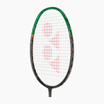 Badminton racket with green frame and red strings on a white background