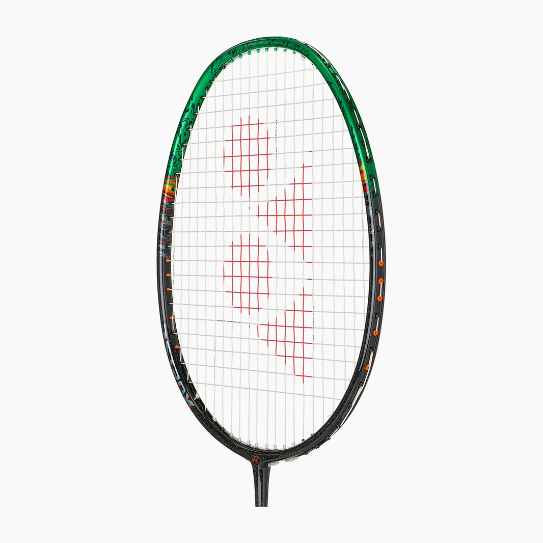 Badminton racket with green frame and red strings on a white background