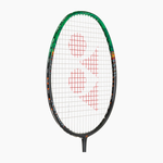 Badminton racket with a white strings pattern on a white background