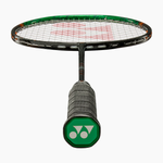 Badminton racket with a green handle and frame on a white background