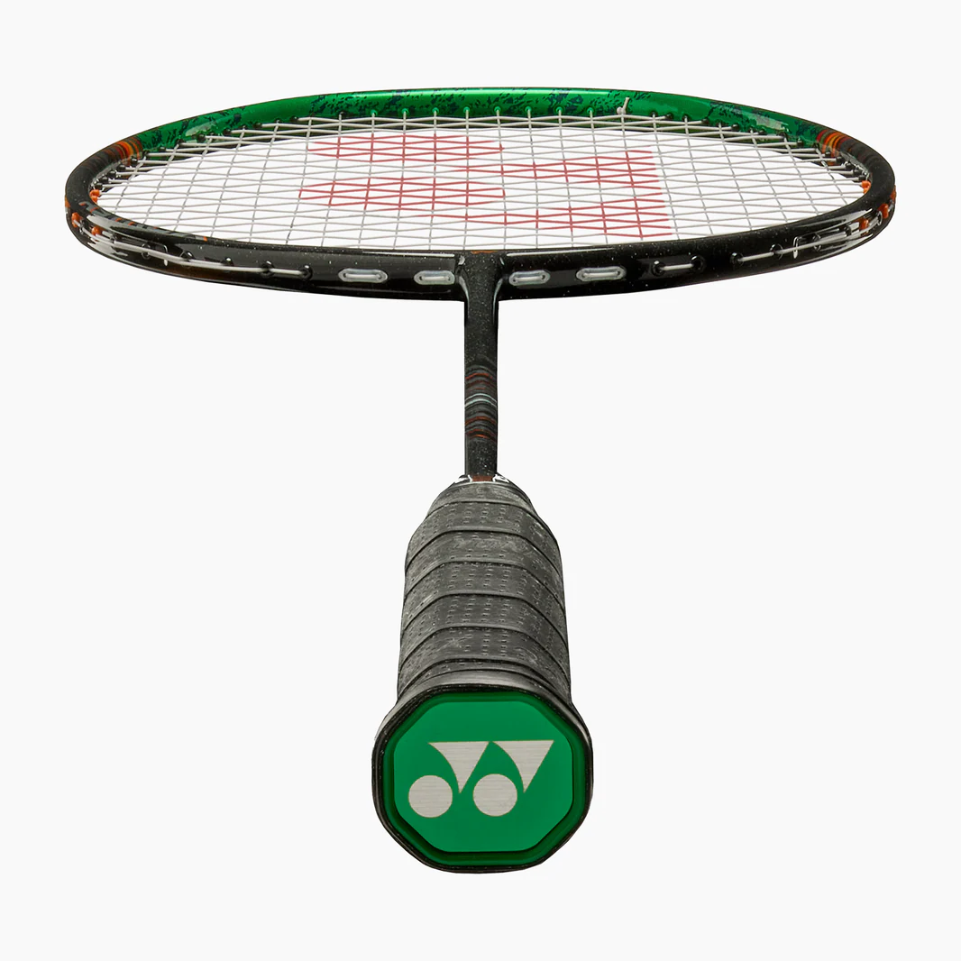 Badminton racket with a green handle and frame on a white background